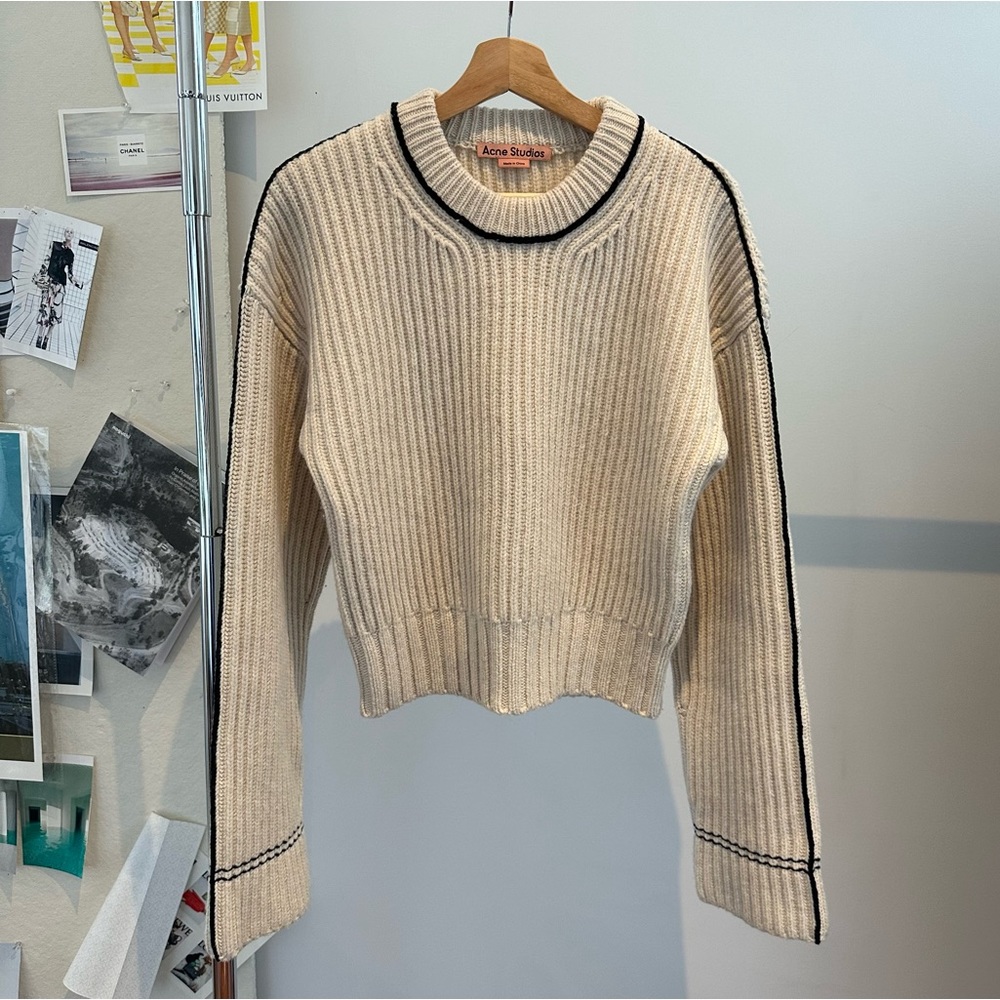 Acne Cream Ribbed Sweater with Black Accents